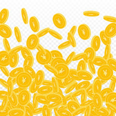 Chinese yuan coins falling. Scattered big CNY coin