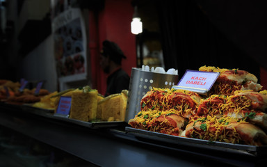 Famous delicious food Kach Dabeli on dispay in a shop from Food street, Bangalore, bengaluru, Karnataka, INDIA.