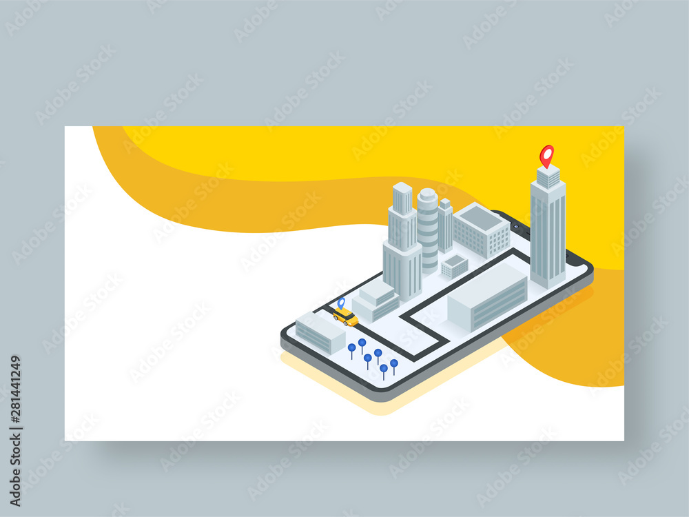 Poster isometric design of online cab service app in smartphone with pick up and drop location for online c