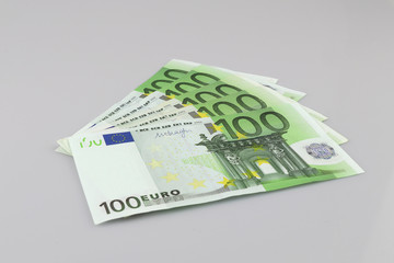 100 euro bills euro banknotes money. European Union Currency.  Isolated background.