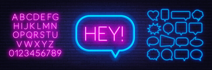 Neon sign hey . Set of neon speech bubbles and the alphabet on a dark background.