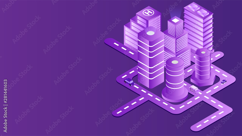 Canvas Prints futuristic smart city concept based isometric design with architecture of smart buildings on purple 