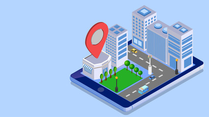 Isometric illustration of skyscraper building along transport tracking pointer on smartphone for Smart city concept.