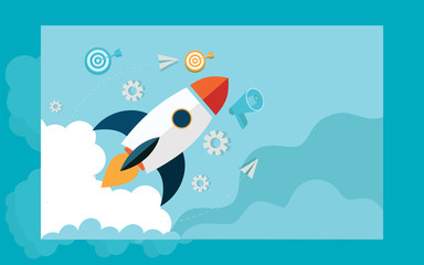 Illustration of launching a rocket on blue background for Business startup concept based design.