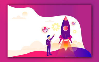 Illustration of human launching a successful rocket for Business Startup concept. Can be used as banner or poster design.