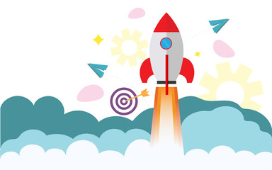 Flat style illustration of launching a rocket from clouds for Business Startup concept. Can be used as banner or poster design.