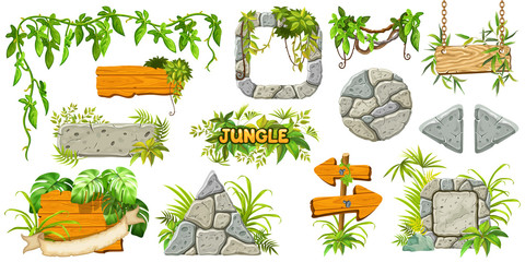 Set cartoon game wooden and stone panels in jungle style with space for text. Isolated gui elements with tropical lianas, rocks and boards. Vector illustration on white background. © valadzionakvolha