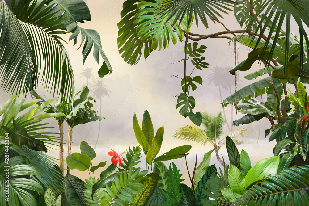Wall mural adorable background design with tropical palm and banana leaves, can be used as background, wallpape - Wall murals
