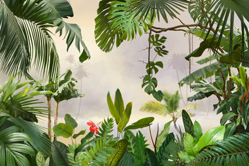 Fototapeta adorable background design with tropical palm and banana leaves, can be used as background, wallpaper obraz