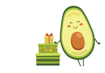 Smiling avocado character with colourful gifts isolated on white background. Positive banner, poster, backdrop for kids. Vector illustration in kawaii style for advertising,greeting card template