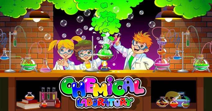 Chemistry school lab experiment, science laboratory for education. Children is studying chemistry in laboratory. Pupils in chemistry laboratory