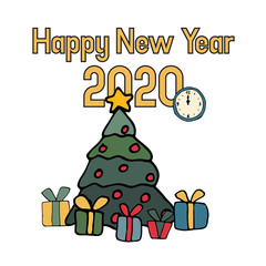 Happy New Year 2020 with fir tree, gifts, clock