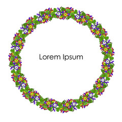 Round aquilegia frame. Violet, red yellow flowers green leaves hand drawn isolated flat design stock vector illustration for web, for print