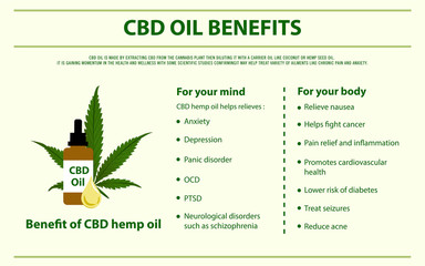 CBD Oil Benefits horizontal infographic illustration about cannabis as herbal alternative medicine and chemical therapy, healthcare and medical science vector.