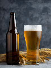 Glass of light beer and beer bottle on wooden background
