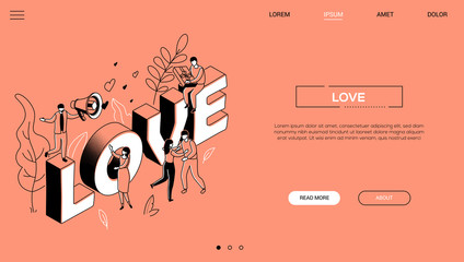 Valentines Day - line design style isometric web banner