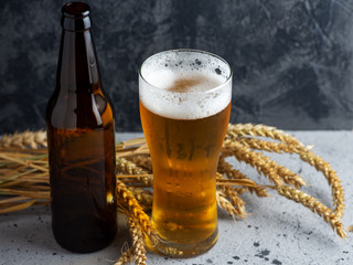 Glass of light beer and beer bottle on wooden background