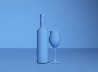 Blue wine bottle and glass on blue background, 3d render image
