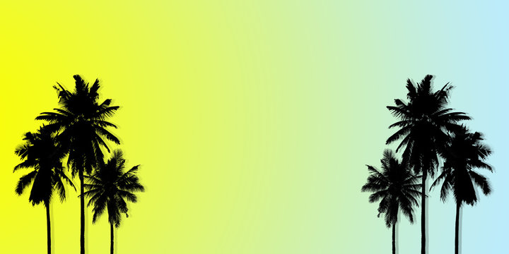 Abstract summer tropical backgrounds set with coconut. Colorful palm trees illustration pattern yellow and blue background.