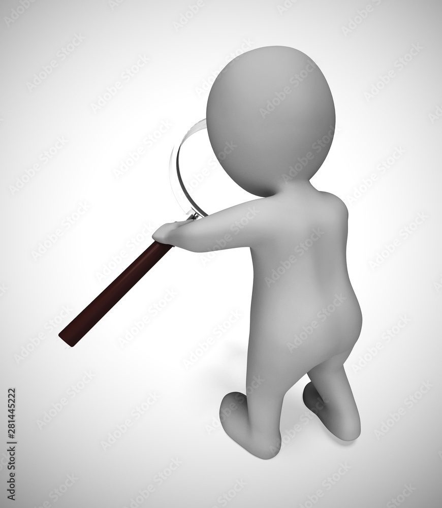 Poster using magnifier to inspect means looking into and reviewing - 3d illustration