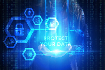 Fototapeta premium The concept of business, technology, the Internet and the network. A young entrepreneur working on a virtual screen of the future and sees the inscription: Protect your data