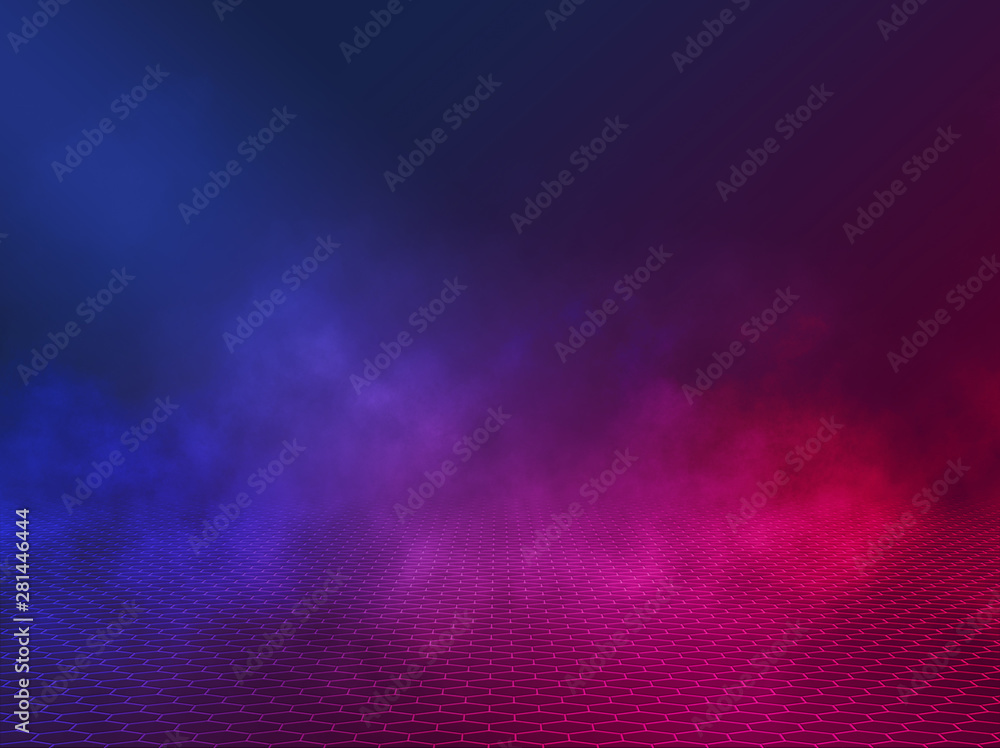 Poster empty background scene. dark reflection of the street on the wet asphalt. rays of blue and red neon 