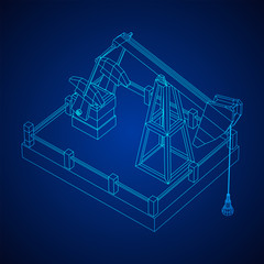 Oil well rig jack. Finance economy polygonal petrol production. Petroleum fuel industry pumpjack derricks pumping drilling. Wireframe low poly mesh vector illustration