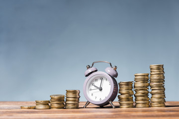 Purple alarm clock between the stack of increasing coins on wooden desk against blue background