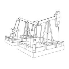 Oil well rig jack. Finance economy polygonal petrol production. Petroleum fuel industry pumpjack derricks pumping drilling. Wireframe low poly mesh vector illustration