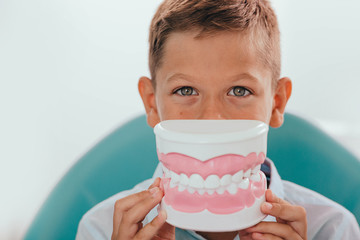 Cute boy showing model of teeth in front of his mouth,selective focus on eyes. Funny advertising child teeth treatment
