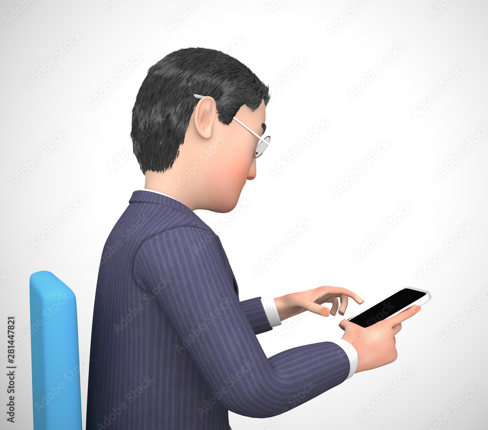 Poster businessman using a smartphone or mobile device app for information or data - 3d illustration