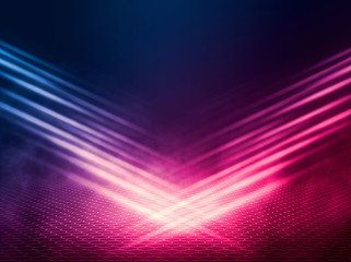 Empty background scene. Dark reflection of the street on the wet asphalt. Rays of blue and red neon light in the dark, neon figures, smoke. Background of empty stage show. Abstract dark background.