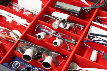 Glasses with optical attachments for ophthalmologist