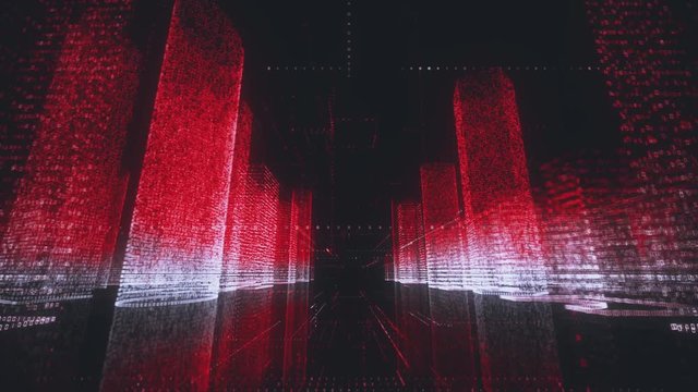 bright abstract modern digital city wireframe in bright red and white colors consist of particles linked in lines and massives into buildings around camera motion. Digital technology and communication