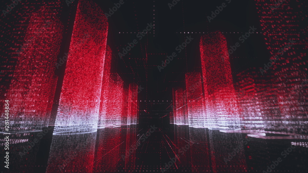 Poster bright abstract modern digital city wireframe in bright red and white colors consist of particles li