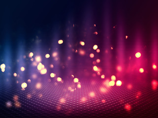 Empty background scene. Dark reflection of the street on the wet asphalt. Rays of blue and red neon...