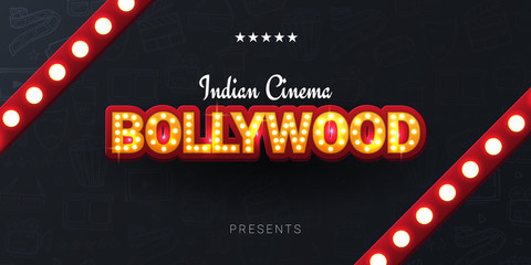 Bollywood indian cinema. Movie banner or poster in retro style with hand draw doodle background. - 281449437