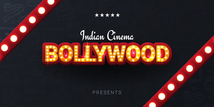 Bollywood indian cinema. Movie banner or poster in retro style with hand draw doodle background.