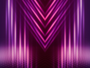 Empty background scene. Dark reflection of the street on the wet asphalt. Rays of blue and red neon light in the dark, neon figures, smoke. Background of empty stage show. Abstract dark background.