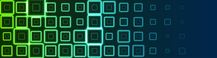 Bright texture of neon squares. Abstract banner with blue and green tech geometric shapes. Glowing iridescent vector background design