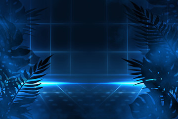 Background of empty dark scenes with neon lights and shapes, smoke. Silhouettes of tropical palm leaves in the foreground. Bright futuristic abstract background