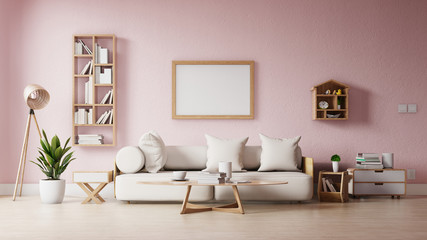 Fototapeta na wymiar Interior poster mock up living room with colorful white sofa . 3D rendering.