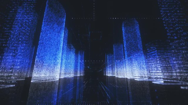 bright digital city wireframe in bright blue and white colors consist of particles linked in lines and massives into abstract skyscrapers around camera motion. Digital technology and communication