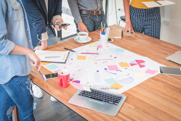 Group of Casual Business meeting to discuss ideas and laptop on table in office.