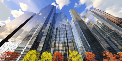 Skyscrapers in the autumn, high-rise buildings against the sky with clouds and autumn trees, 3d rendering © ustas