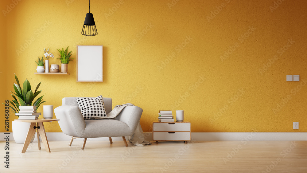 Wall mural interior poster mock up living room with colorful white sofa . 3d rendering.