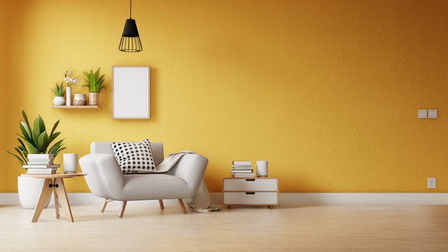 Interior poster mock up living room with colorful white sofa . 3D rendering.