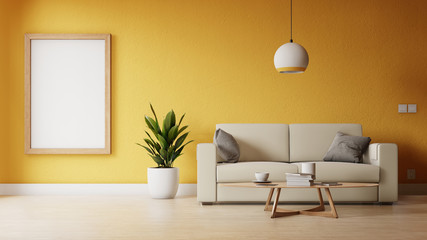 Interior poster mock up living room with colorful white sofa . 3D rendering.
