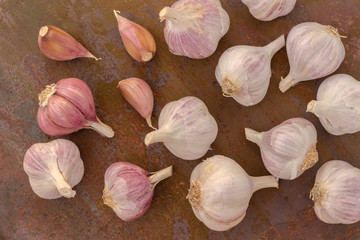 Cloves of garlic on a metal surface.