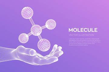 Molecule in hand. Dna, atom, neurons. Molecules and chemical formulas. 3D Scientific molecule background for medicine, science, technology, chemistry, biology. Vector illustration.